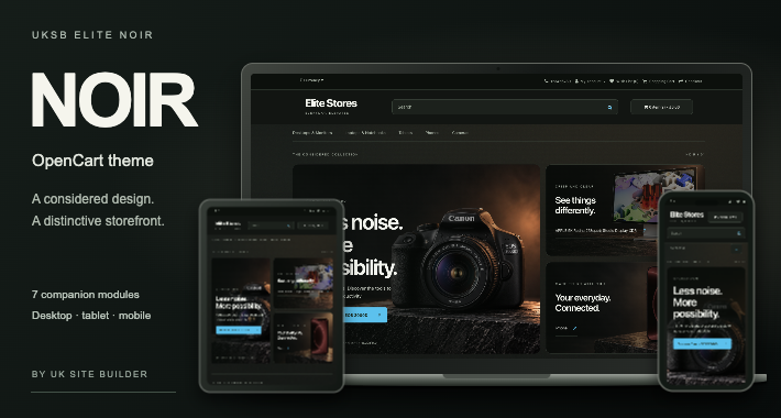 UKSB Elite Noir theme shown across desktop, tablet and mobile devices